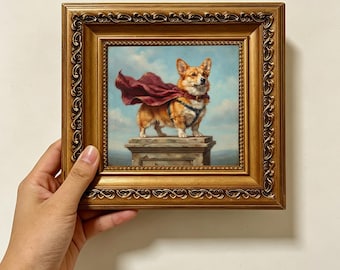 Corgi Hero Red Cape Stone Pedestal Sky Vintage Oil Painting Wall Decor Size 4X4 Custom Oil Painting From Photo Gift For Friend