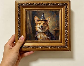 Corgi Wizard Star Moon Hat Cape Vintage Oil Painting Wall Decor Size 4X4 Custom Oil Painting From Photo Gift For Friend Christmas gift