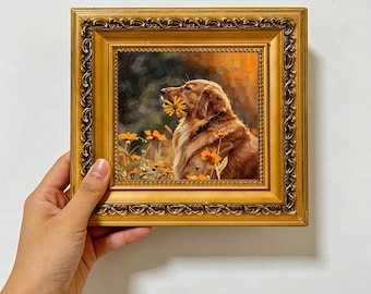 Golden Retriever Orange Wildflowers Wood Framed , Floral Dog Countryside Wall Decor ,Custom Oil Painting from photo 4x4,Gift for Friend