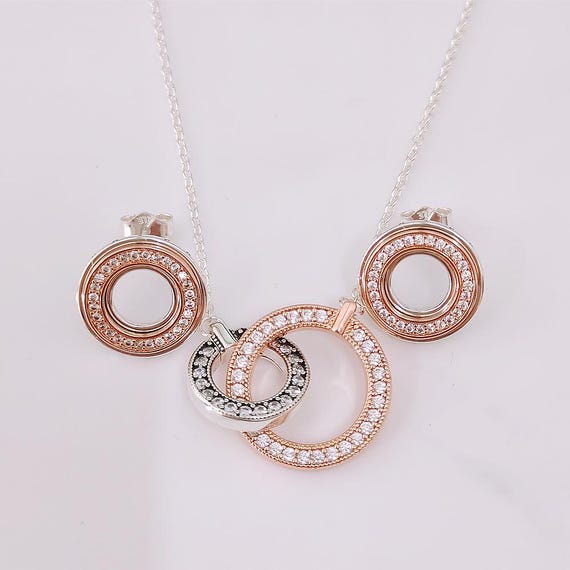 Pandora 925 Sterling Silver Two-tone Necklace Stud Earrings