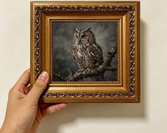Brown Tawny Owl Perched Mossy Branch Dark Vintage Oil Painting Wall Decor Size 4X4 Custom Oil Painting From Photo Gift For Friend