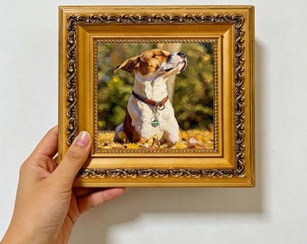 Joyful Jack Russell Autumn Leaves Wood Framed , Warm Fall Pet Wall Decor 4x4 ,Custom Oil Painting from photo ,Gift for Friend Christmas gift