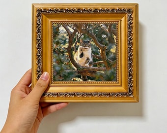 Tabby White Cat Tree Foliage Sunlit Wood Framed ,Wildlife Cute Pet Wall Decor 4x4,Custom Oil Painting from photo ,Gift for Friend