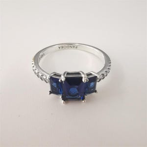 New PANDORA Blue Rectangular Three Stone Sparkling Ring