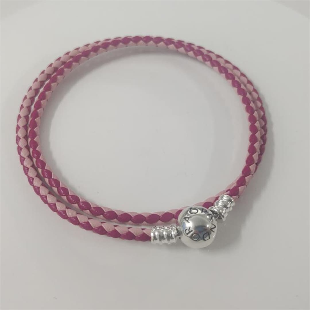 Silver S925 Ale Double Pink Leather Pandora Moments Bracelet 38cm