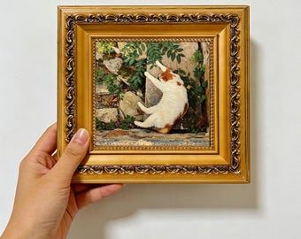 Playful Orange White Cat Stone Wall Green Foliage ,Rustic Cottage Wall Art 4x4 ,Custom Oil Painting from photo ,Gift for Friend