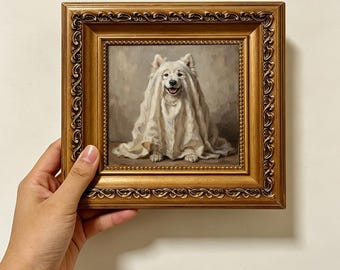 Samoyed Dog Ghost Sheet Halloween Neutral Vintage Oil Painting Wall Decor Size 4X4 Custom Oil Painting From Photo Gift For Friend