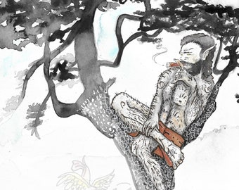 Filipino Mythical Creature: Kapre, Tagalog, Filipino Art, Halloween, Asian Art, Watercolor Wall Art, Watercolor Print, Aswang, Cigar, Signed