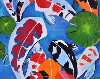 Signed Japanese Koi Pond Modern Asian Minimalist Art Print