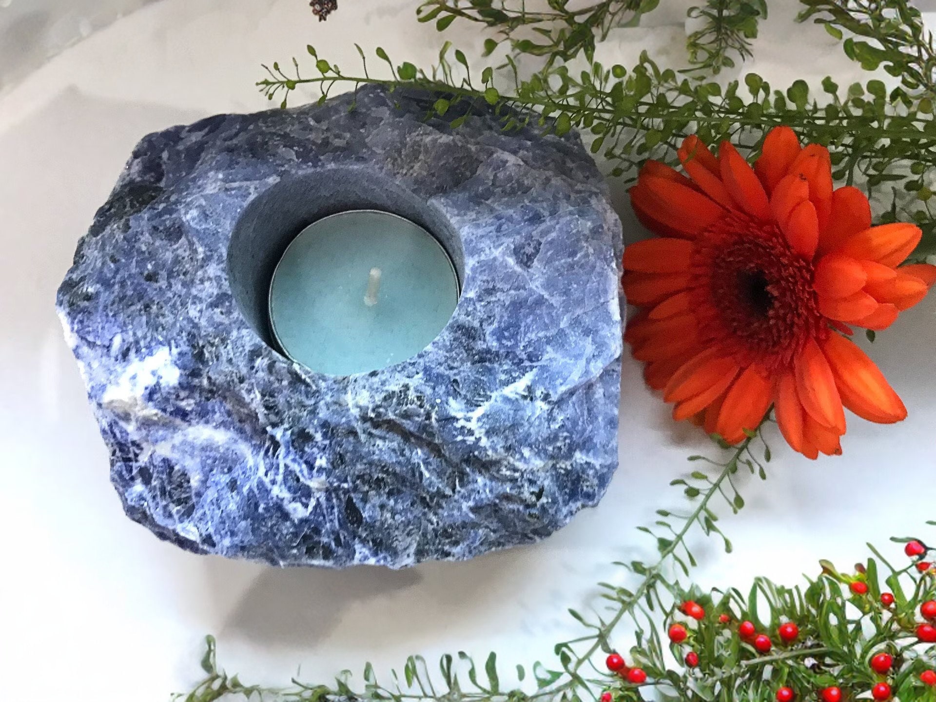 bougeoir en cristal de sodalite, cadeau pour bougie chauffe-plat pierre précieuse la communication et l'équilibre