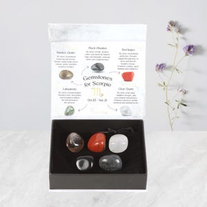 Scorpio Zodiac Crystal Set – 5 Tumblestones in Gift Box with Velvet Pouch – & Info Card Birthday Gift Box