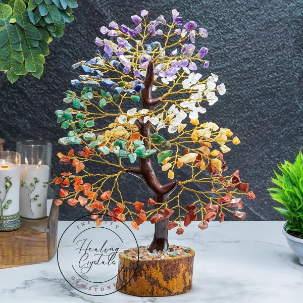 Seven Chakra Tree Reiki Gemstone Crystal Healing Tree Decorative Lucky Feng Shui Tree Red Jasper Amethyst Lapis Aventurine Jade Quartz Tree