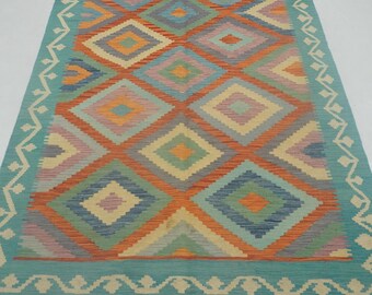 Afghan Kilim Rug: Turquoise Blue Orange Geometric Wool, 5x7