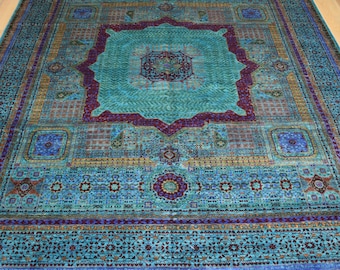 8x10 ft Turquoise Blue Mamluk Rug: Turkish Style Hand knotted Wool Area Rug