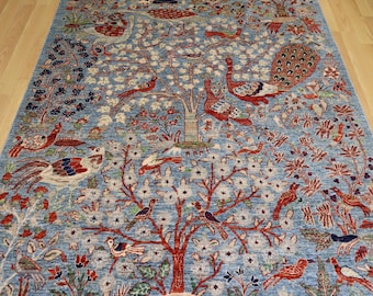 6x8 ft Blue Bird Area Rug: Gabbeh Afghan Hand Knotted Wool Rug