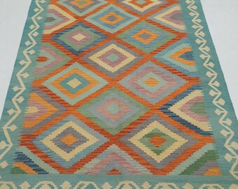 Afghan Kilim Rug: 5x7 Turquoise Blue Orange Geometric Wool Rug