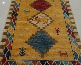 5x7 Afghan Gabbeh Rug: Beige Hand-Knotted Wool Tribal Rug