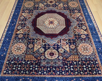 6x9 ft Navy Blue Mamluk Rug: Turkish Style Hand Knotted Wool Medallion Rug