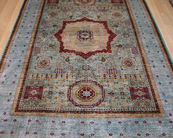 7x10 ft Blue Mamluk Rug: Turkish Style Hand Knotted Wool Medallion Rug