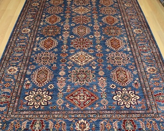 7x10 ft Blue Kazak Rug: Afghan Hand-Knotted Wool Oriental Rug