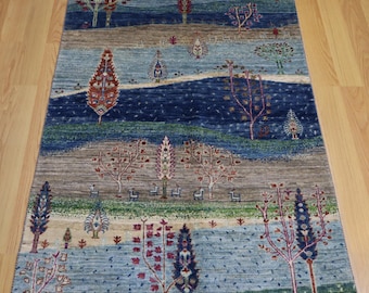 3x5 Blue Gabbeh Rug: Tree of Life Afghan Hand Knotted Wool Tribal Rug