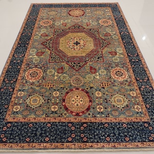 6x9 Blue Mamluk Area Rug - Turkish Hand Knotted Veg dye Wool Geometric Medallion Rug - Rugs for living room - Bedroom rug - 5&#39;10&quot;x9&#39;6&quot;