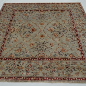 8x8 Gray Square Area Rug - Super Fine Quality Afghan Hand knotted FERAHI Wool Veg Dyes Oriental Rug - Rugs for Living room - Bedroom rug