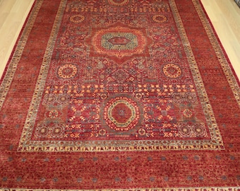 7x10 ft Pinkish Red Mamluk Rug: Turkish Style Hand Knotted Wool Medallion Rug