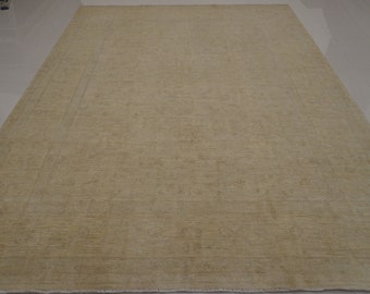 8x10 Vintage Afghan Wool Rug: Muted Beige Handmade Area Rug