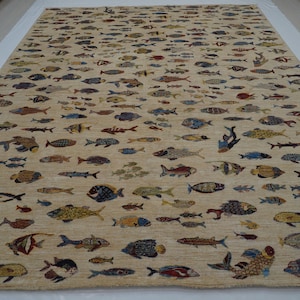 9x12 Beige Fish Gabbeh Area Rug - Afghan Hand knotted Vegetable dyes wool Rug - Rugs for living room - Rugs for Bedroom - 9&#39;0x11&#39;9 ft