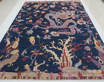 9x12 Navy Blue Dragon Area Rug - Chinese Style Afghan Hand knotted Veg Dyes Wool Tribal Rug - Rugs for living room - Bedroom Rug  8&#39;8&quot;x11&#39;9&quot;