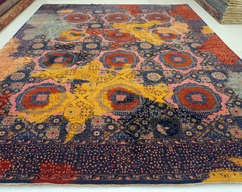 12x15 Navy Blue Mamluk Turkish Area Rug - High Quality Hand knotted Veg dyes Wool Oversize Rug - rugs for living room - Medallion rug