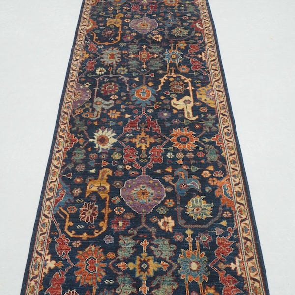 Hand Knotted Afghan Wool Runner Rug: Navy Blue  Hallway Carpet (2'9"x9'10")