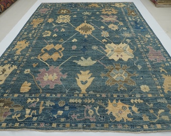 9x12 Teal Green Oushak Rug: Hand-Knotted Wool Turkish Style Rug