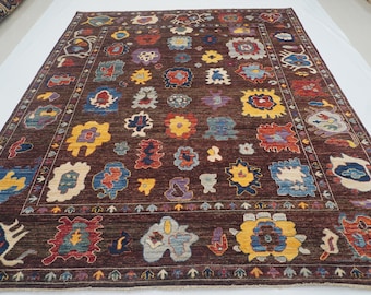 8x10 Maroon Oushak Rug: Hand-Knotted Wool, Turkish Boho Rug