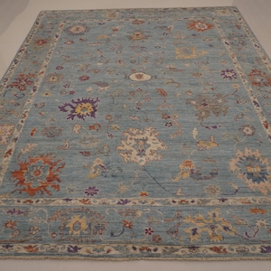 8x10 Muted Blue Oushak Area rug - Vintage wash Hand knotted Veg dyes Soft Plush wool Turkish rug - Rugs for Living room - Oriental Rugs