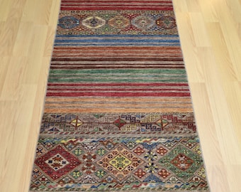 2'7"x9'6" Taupe Gray Khorjin Rug: Afghan Hand-Knotted Wool Striped Runner Rug