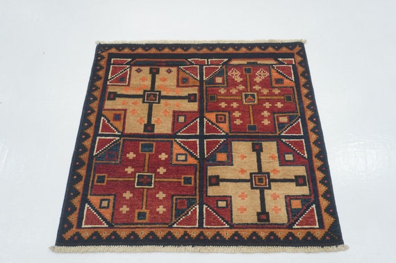 Vintage 3x3 Square Area Rug Rood Beige Navy Blue Afghaanse