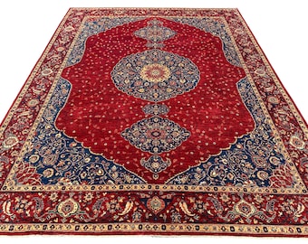 9x12インチのアンティークアフガンラグ：手織りウール、レッド