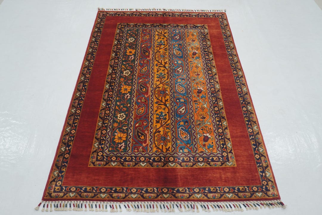 4x6 Red Turkish Area Rug - Shawl Pattern Veg Dye Handmade Wool Striped ...