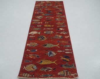 8 ft Red Fish Runner Rug - Rusty Red Gabbeh Afghan Hand knotted Veg dyes Wool Entryway Runner - Kitchen Runner - Hallway runner - 2&#39;7&quot;x7&#39;8&quot;