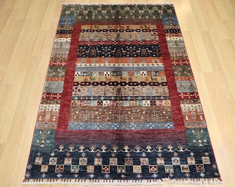 4x6 Red Blue Gabbeh Rug: Afghan Hand Knotted Wool Tribal Rug