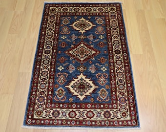 3x4 ft Blue Kazak Area Rug: Afghan Hand-Knotted Wool Geometric Rug