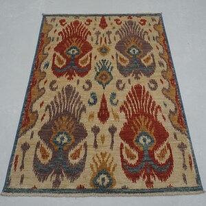 3x5 Beige Ikat Area Rug - Afghan Hand Knotted wool Boho Rug - Bedroom rug - Rugs Living Room - Kids room Rug - Beige carpet - 3&#39;3&quot;x4&#39;10&quot;