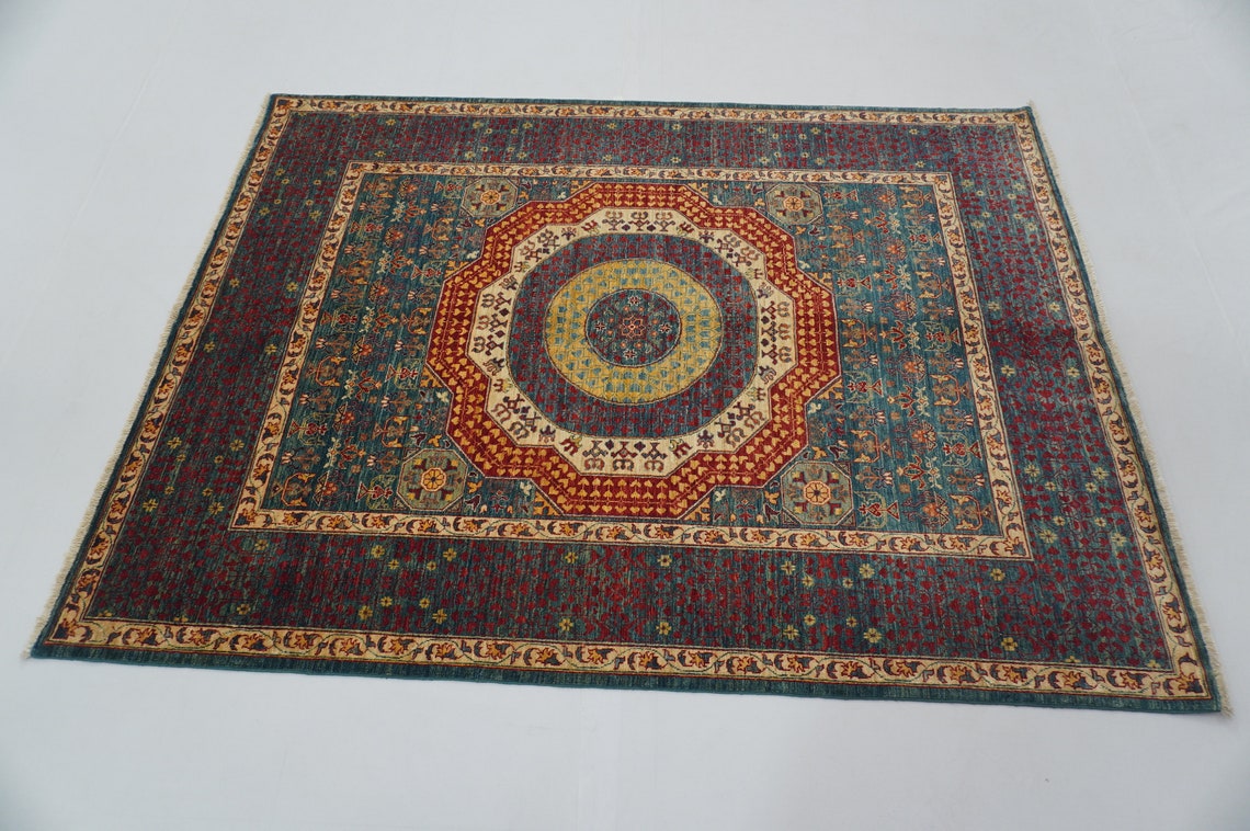 Green 5x7 Area Rug Afghan hand knotted wool rug Mamluk Etsy
