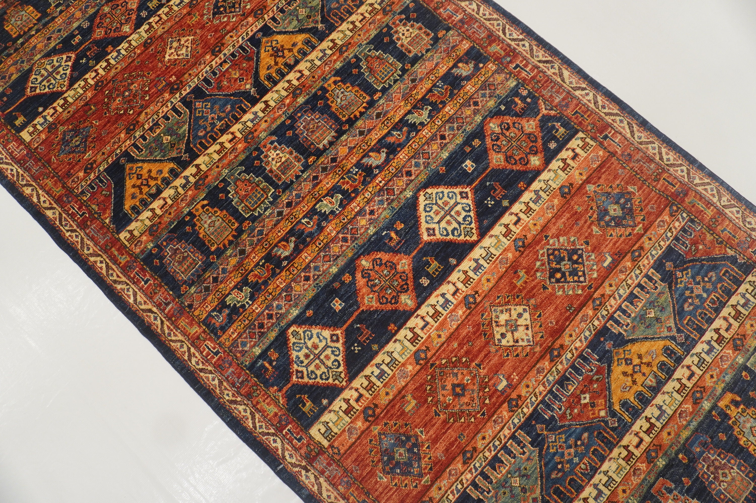 Hand Knotted Wool Runner Rug: 4x9 Navy Blue Tribal Gabbeh Style