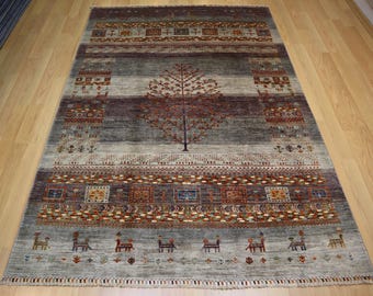 6x8 Gray Tree of Life Gabbeh Rug - Afghan Persian Style hand knotted Veg Dye wool rug - Rug for Living room - Bedroom rug - Grey carpet