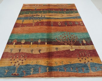 6x8 Gabbeh Area Rug - Red Blue Orange Landscape Persian Style Hand knotted wool Rug - Rugs for Living room - Bedroom rug - 5'9"x7'9"