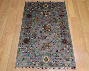 3x4 Gray Waziri Rug: Afghan Hand Knotted Wool Oriental Rug