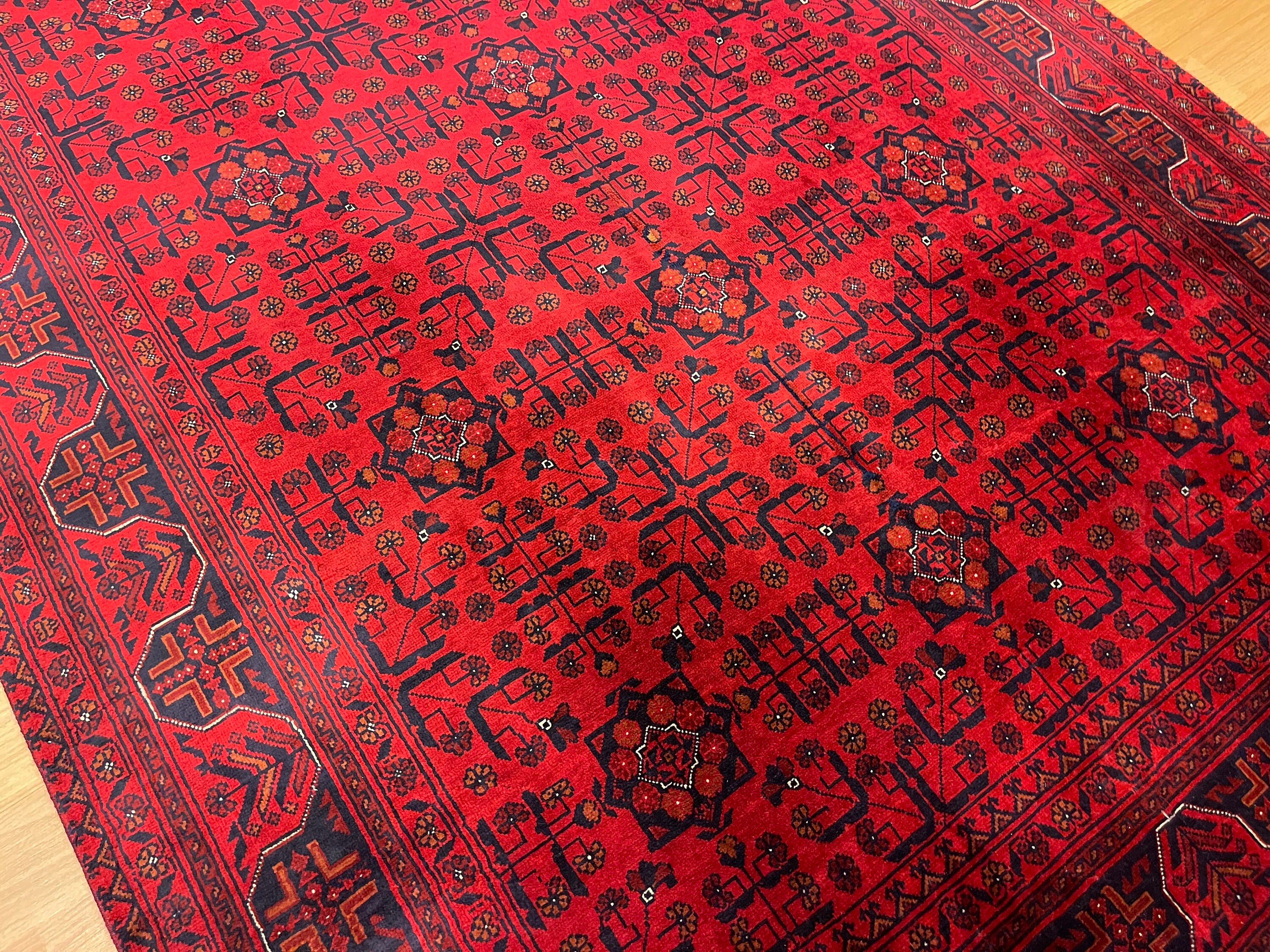 5x6 Red Afghan Belgic Rug: Hand Knotted Wool Veg Dyes Carpet